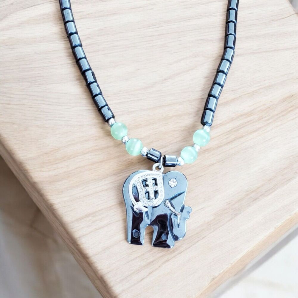Vintage Carved Hematite Elephant Pendant On Hematite Chain Matching Bracelet